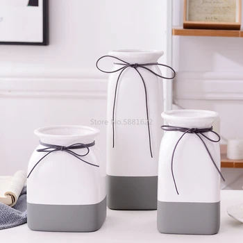 

1pc Ceramic Vase White and Grey Porcelain Flower Vase with Bowknot Home Decor Water Planting Container