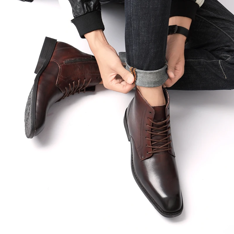 High Quality Cattle Leather Men's High Boots Winter Plus Velvet Shoes Large Size Shoes Men Genuine Leather Boots Big 36-47