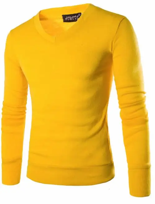 Осенний мужской вязаный свитер с v-образным вырезом, однотонный приталенный пуловер, повседневный весенний тонкий свитер с длинным рукавом, красный, черный, желтый, серый - Цвет: Цвет: желтый