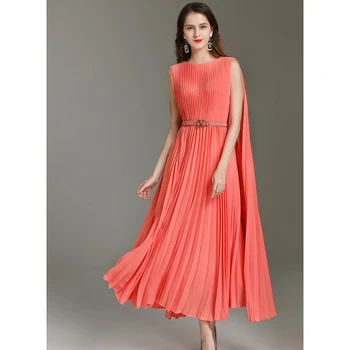 

Women Maxi Dress 2020 High Quality Spring Summer Runway O-Neck Sleeveless Solid Casual Long Pleated Dresses Vestidos NP0949Y