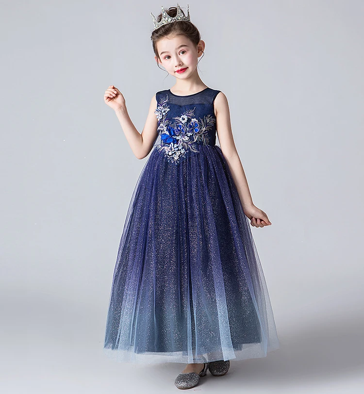 navyblue 2 Детские кружевные платья с вышивкой для первого причастия; блестящее бальное платье; платье для торжеств; Платья с цветочным узором для девочек на свадьбу; платье для банкета сзади - Цвет: navyblue 2