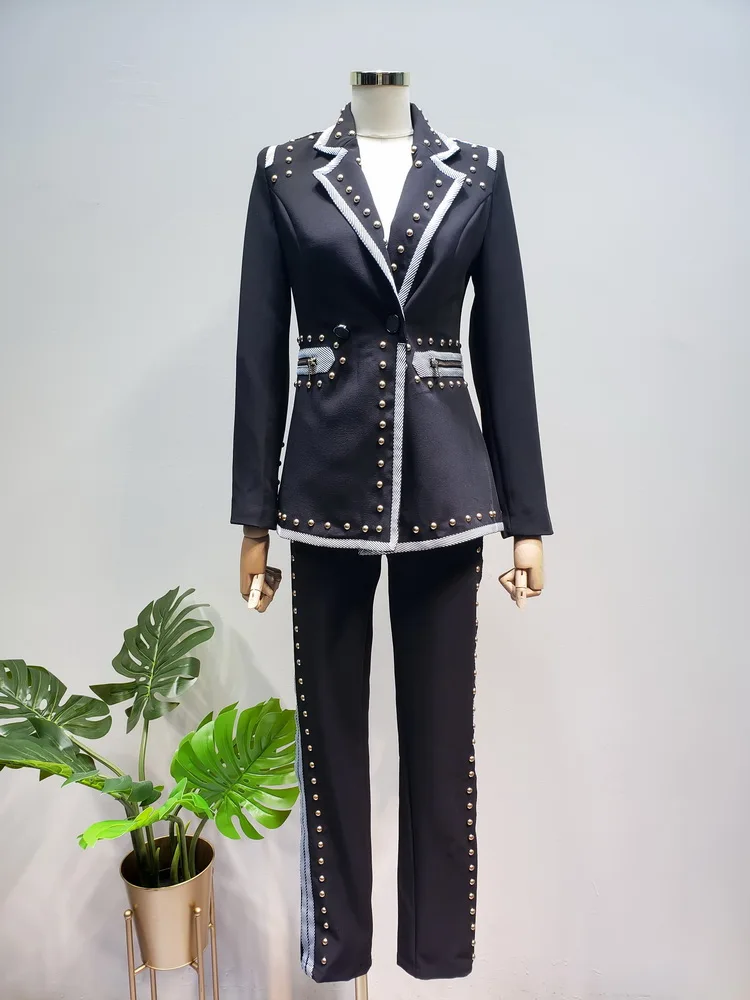 

2019 autumn rivet decoration set Stripe slim casual suit + trousers two-piece suit