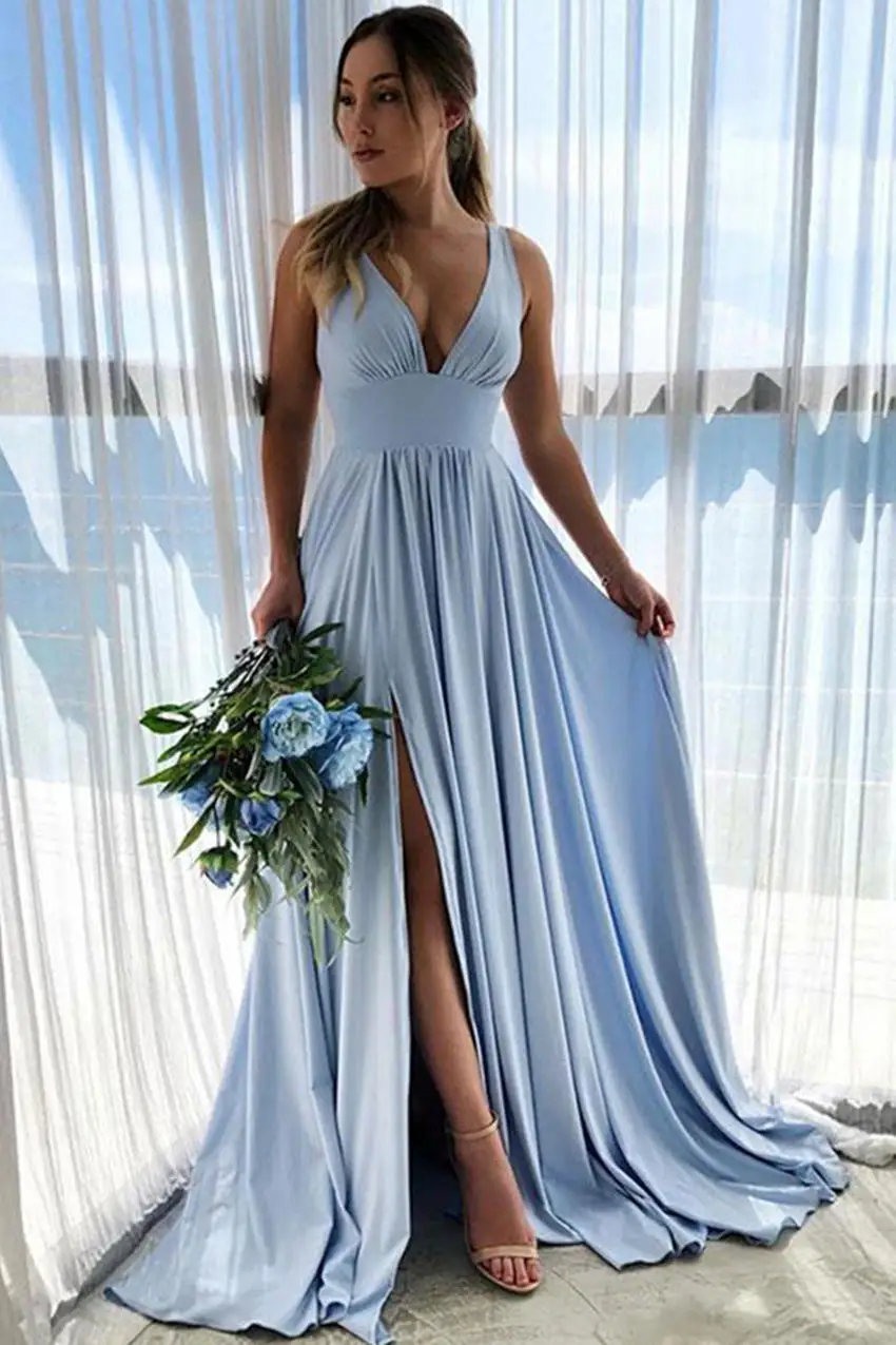 На заказ, простое ТРАПЕЦИЕВИДНОЕ ПЛАТЬЕ vestidos de fiesta largos, v-образный вырез, на тонких бретелях, с разрезом сбоку, длина до пола, вечернее платье для выпускного вечера