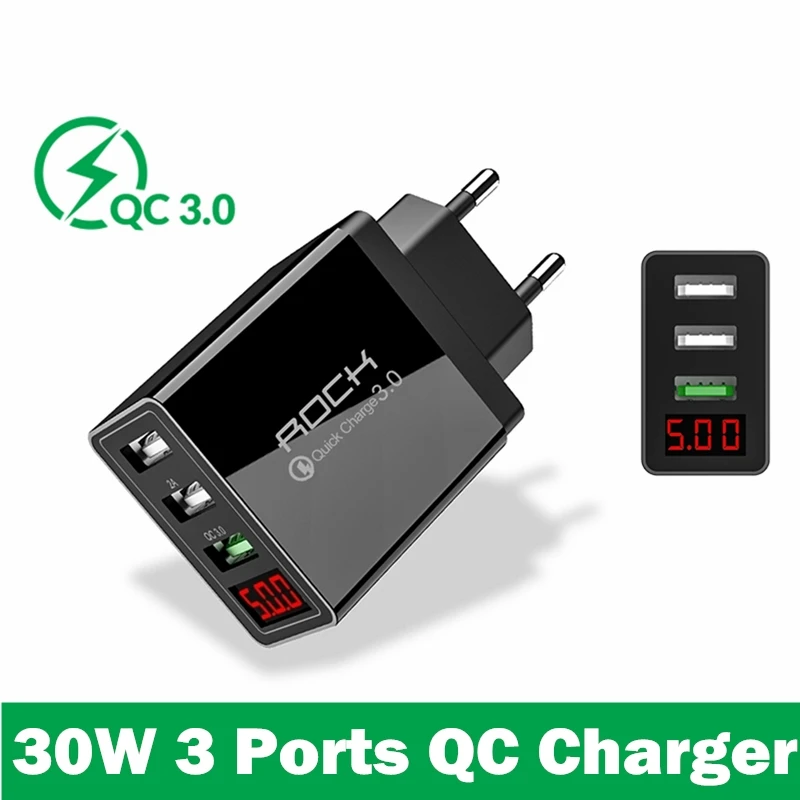 EU 3 Ports 30W ROCK Quick Charge 3,0 зарядное устройство для телефона USB 30 Вт QC3.0 светодиодный светильник дисплей QC Turbo Быстрая зарядка для iPhone Xiaomi Mi 9 huawei P30 Pro - Тип штекера: EU 3 Ports 30W