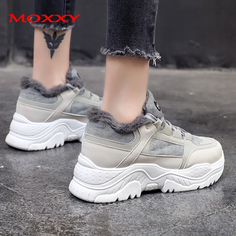 2019 New Fashion Snow Boots With Warm Fur Plush Ladies Winter Boots Platform Round Toe Comfort Lace Up Blue Grey Chunky Sneakers