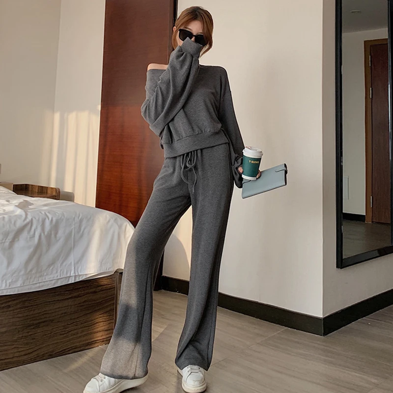 

Fashion loose bouncy basic t-shirt new arrival elegant long pant 2 pieces sexy high quality work style cute thick warm women set