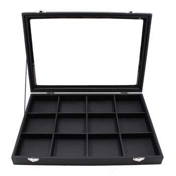 

Big PU Black Carrying Case with Glass Cover Jewelry Ring Display Box Tray Holder Storage Box Organizer Earrings Ring Bracelet Bo
