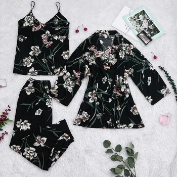 

Sexy Women Pajamas 3 Pieces Sets Satin Sleepwear Pijama Silk Home Wear Embroidery Bowknot Sleep Lounge Pyjama with Chest Pads
