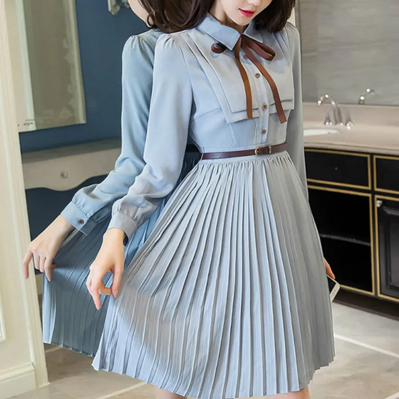 

Spring and Autumn New Style Women's Fashion Temperament Pleated Long Sleeve Shirt Chiffon Dress