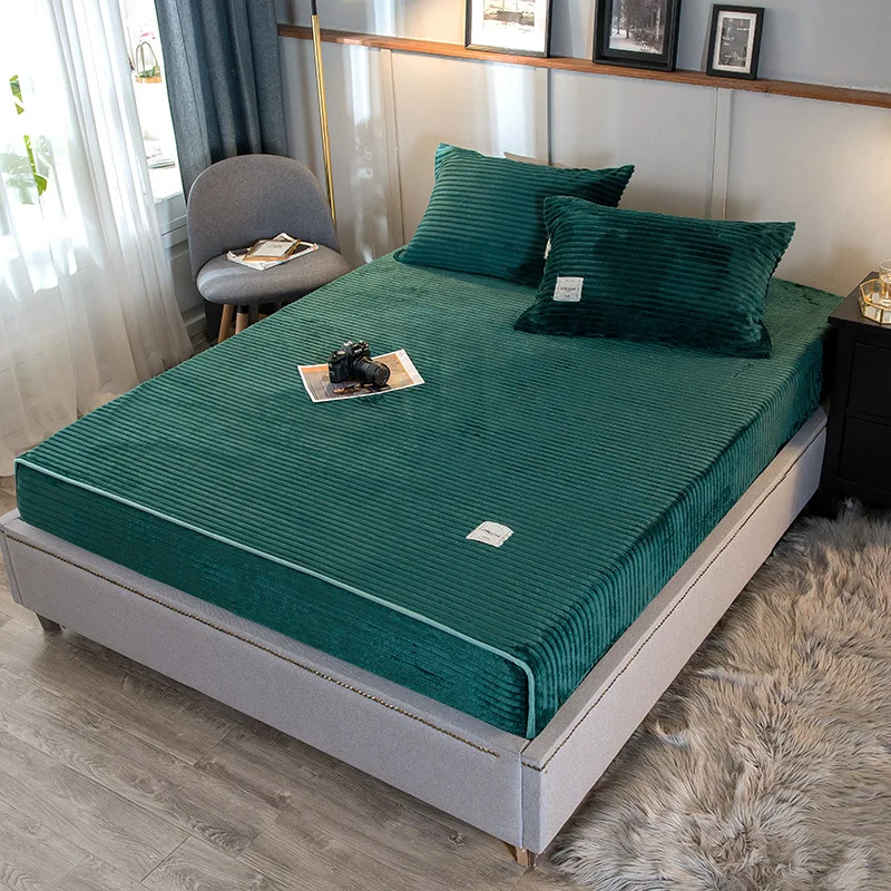 

Magic Fleece Fitted sheet set solid stripe flannel elastic fit sheet +2pillowcase warm bed linen set winter plush mattress cover