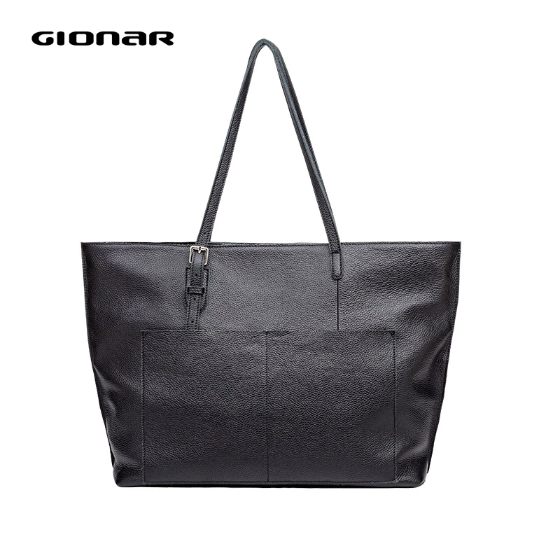 

GIONAR Genuinle Leather Black Zipped Closure Tote Purse Luxury Handbags Women Designer 2019 Large Daily Work Laptop Shoulder Bag