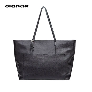 

GIONAR Genuinle Leather Black Zipped Closure Tote Purse Luxury Handbags Women Designer 2020 Large Daily Work Laptop Shoulder Bag