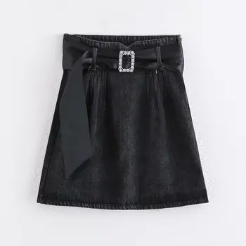 

women Denim skirt 2019 fashion ladies sashes A-line diamonds empire female autumn summer casual highstreet chic short skirts