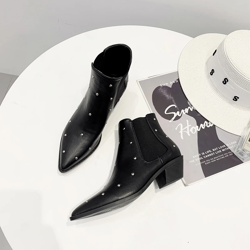 

Boussac Punk Rivets Western Boots Women Med Heel Chelsea Boots Women Sexy Pointed Toe Ankle Boots for Women SWE0711