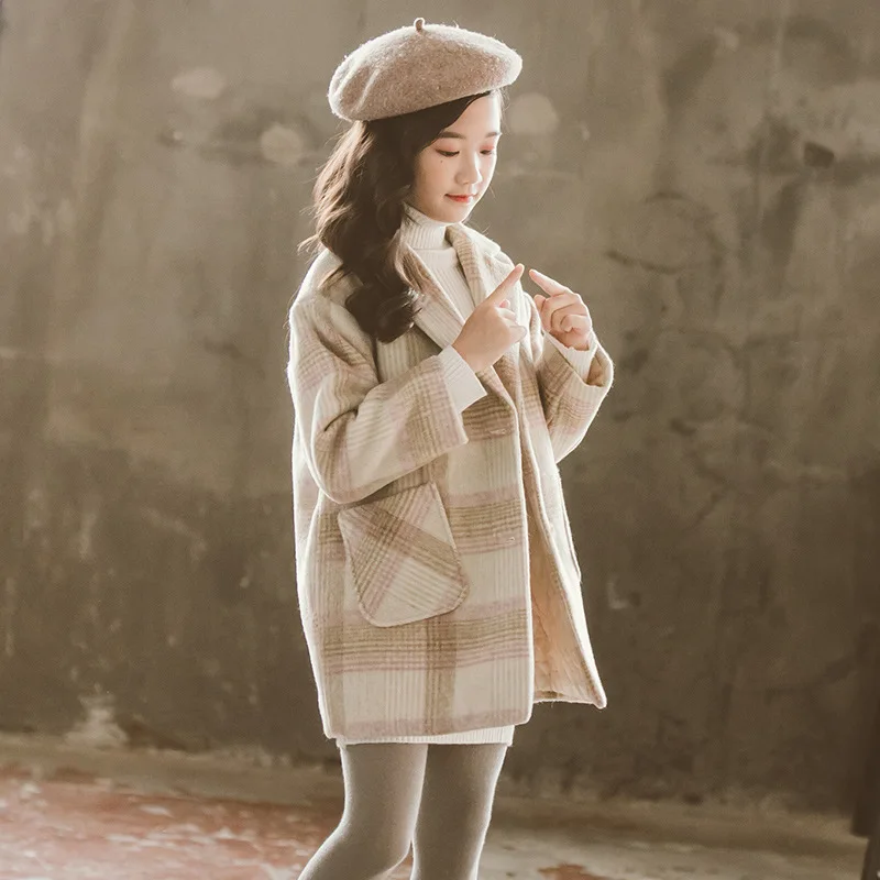 

Teenage Girls Woolen Coat Winter Thick Fashion Plaid Overcoat Kids Jacket for Girls Outerwear Children Clothing 12 13 14 years