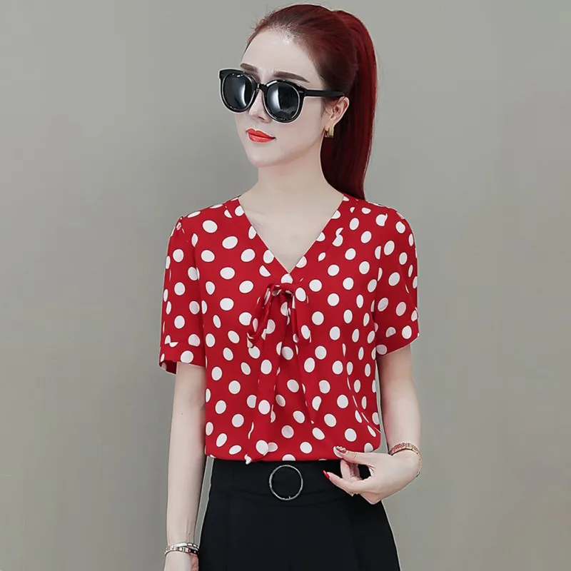 2019 Summer Sweet Slim Women’s Blouse Bow Decoration Polka Dot Chiffon Shirt V-Neck Casual Short Sleeve Women’s Blouse