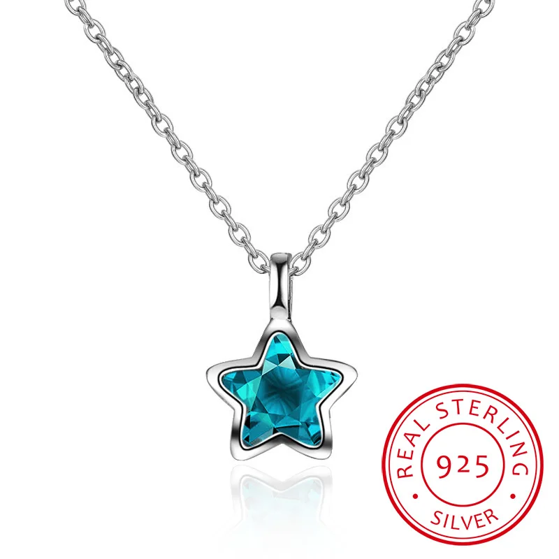 New Simple Fashion Ocean Blue Crystal Little Star Necklace For Women Girl 925 Sterling Silver Jewelry S-N246