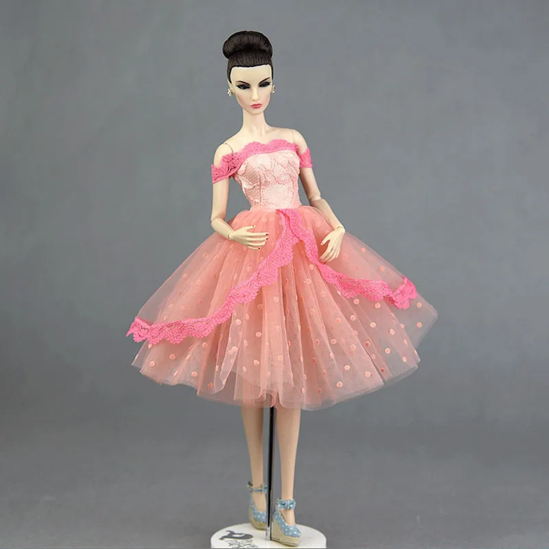 Розовое Кружевное короткое платье-пачка ручной работы в горошек для куклы Барби, одежда, наряды, вечернее платье принцессы 1/6, аксессуары для куклы