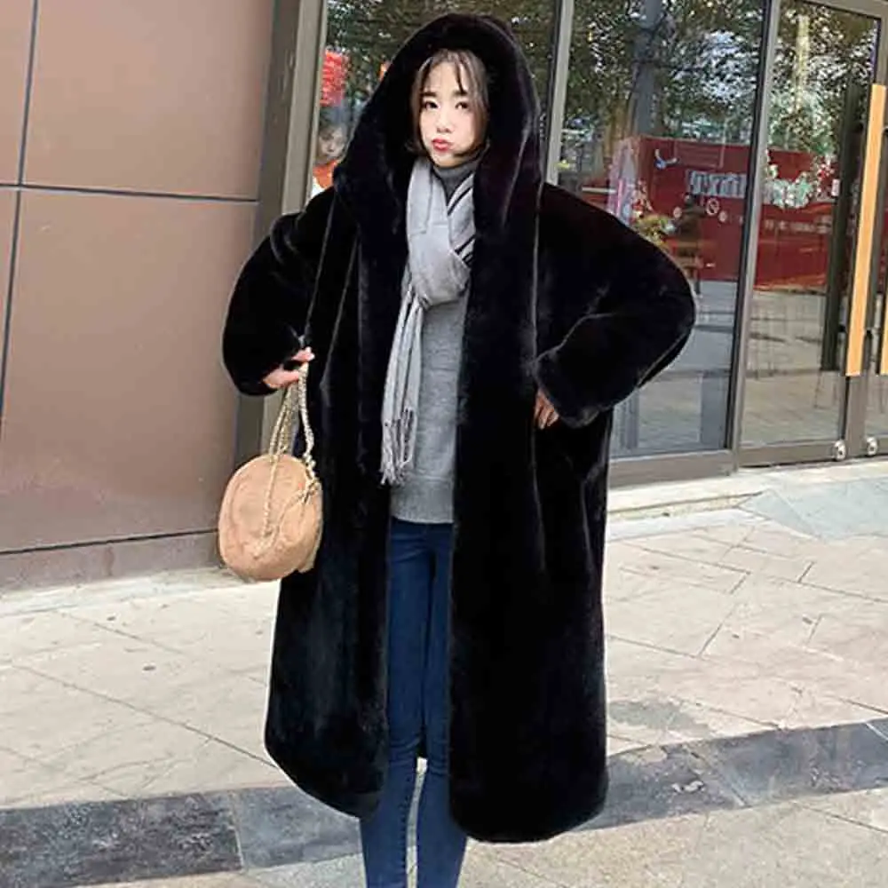 TXJRH стильная зимняя теплая куртка с капюшоном Большие размеры длинное однотонное пальто с искусственным мехом Женская куртка с длинным рукавом Верхняя одежда Топ 7 цветов