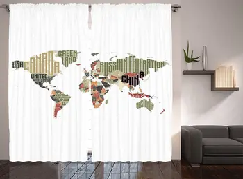 

World Map Curtains Russia Brasil Canada China USA Typographic Elementary Classroom Theme Living Room Bedroom Window Drapes