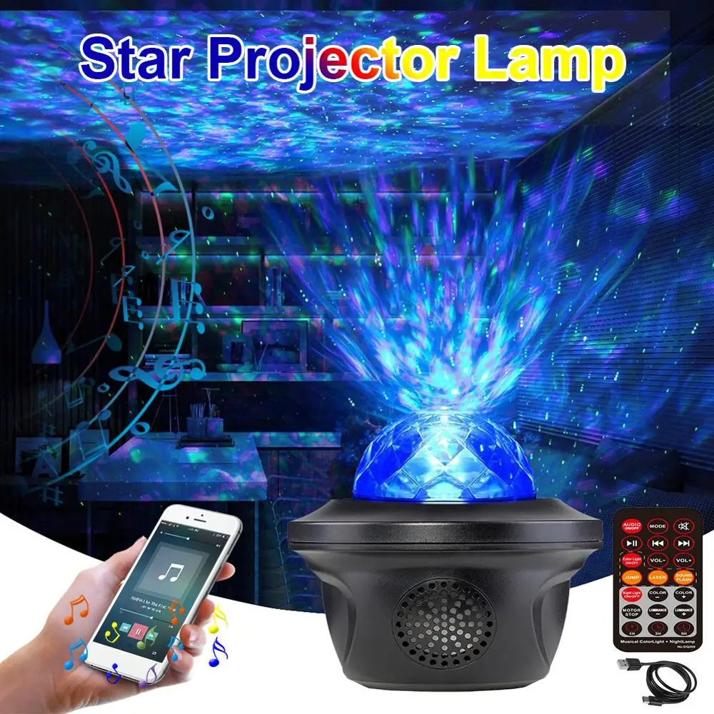 

USB LED Star Night Light Music Starry Water Wave LED Projector Light Bluetooth Projector Sound-Activated Projector Light Decor