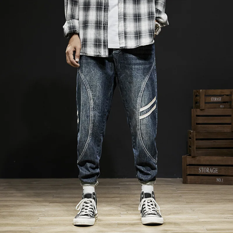 

Fashion Streetwear Men Jeans Big Size 28-42 Loose Harem Jeans Men Stripe Designer Spliced Cargo Pants Retro Hip Hop Jeans Homme