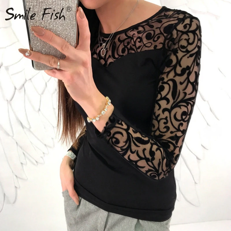 Кружевные сексуальные женские футболки с длинным рукавом, осенне-весенние сетчатые прозрачные женские футболки, блузы размера плюс с круглым вырезом, топы для девочек GV307