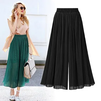 

2019 Summer Women Solid Color Pleated Loose Chiffon Wide-leg Pants Fashion Sexy High Waist Loose Elastic Waist Wide-Leg Pants
