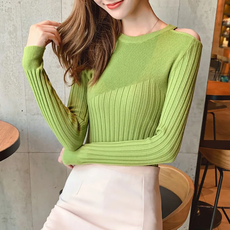 

Women Autumn Winter Solid Color Slim Sweater Round Collar Fashion Sweet Bottoming Knit Off-the-shoulders Sweaters Pullover