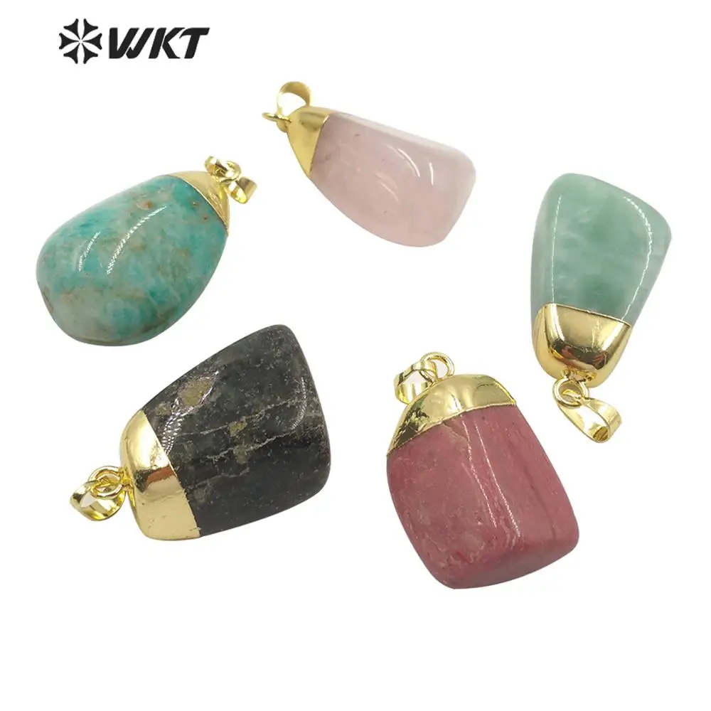 

WT-P1522 Hot sale Natural stone pendant multi color gem stone pendant random shape with gold Electroplated clasp vintage pendant