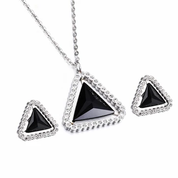 

Classic Black Glass Rhinestone Triangle Stud Earrings And Pendant Necklace Stainless Steel Color Jewelry For Women