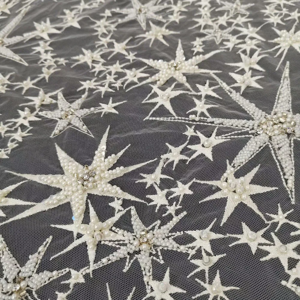 1PC French starfish Handmade Sewing beads Lace Fabric Embroidered Wedding dress Net fabric Fashion Evening Dresses Cloth Tissus