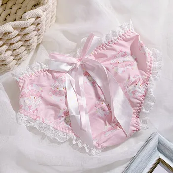 

Japanese Soft girl Cute Cartoon Print Panty Lolita Teen Girls Student Ribbon Bowknot underpants High waist Sexy Milk silk