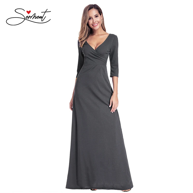 

New Elegant Woman Evening Gown Simple Long Sleeve Gray Split Long Evening Gown Suitable for Formal Parties