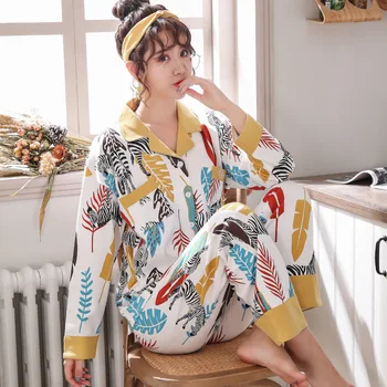 

M-5XL Soft Pajamas For Women Spring 2 Pcs Pajamas Set Cotton Long Sleeve Nightwear Turn-down Collar Female Home Clothes Pijamas