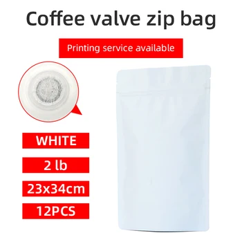 

12pcs 2 pound 1000g 1kg matte white coffee bean pouch one side degassing valve coffee bag white stand up zip bag