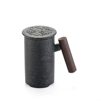 

Japanese Black-pottery Marc Cup Tea Water Separation Cup You Bring Cover Wooden Handle Originality Ceramics Cup You Male To Work