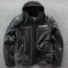 Черная мотоциклетная кожаная куртка с капюшоном американского размера плюс XXXXL из натуральной толстой воловьей кожи Байкерская Защитная Кожаная куртка