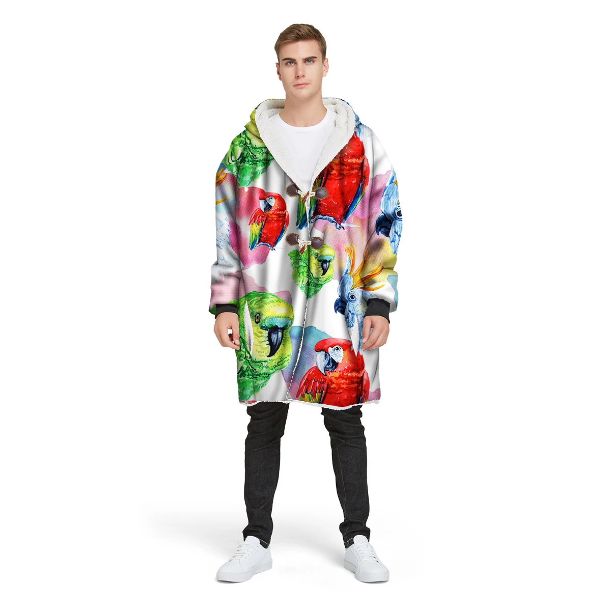 

2019 new brand 3D print custom design man's Sherpa coat loose long winter plus velvet jacket 100% polyester hooded warm CL36