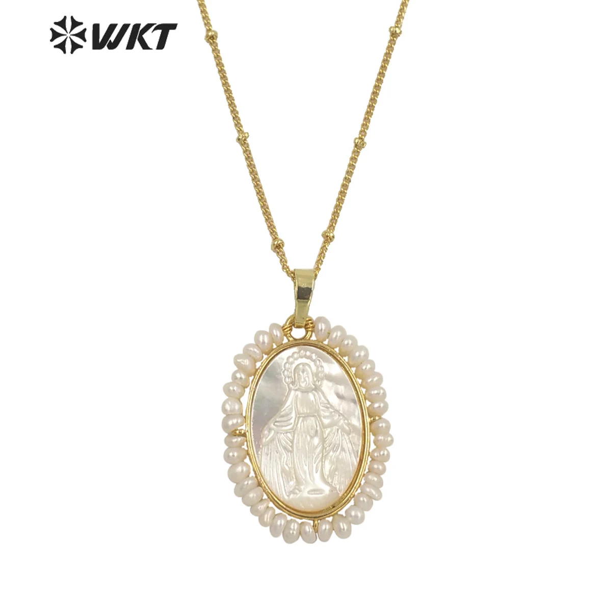 

WT-JN156 Newest Charming tiny Pear Handmade Wire Wrapped Gold Bezel Virgin Mary Shell Necklace Religious White Shell