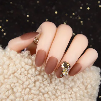 

24pcs oval head false nails marble Frosting Autumn and winter Iced Black Tea drill Pearl wearable full cover fake nail tips