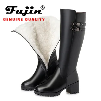 

Fujin Wool Warm Women Snow Boots Genuine Leather High Boots Plush Fur Warm Shoes Fashion Zipper Platform for Women Winter Boots