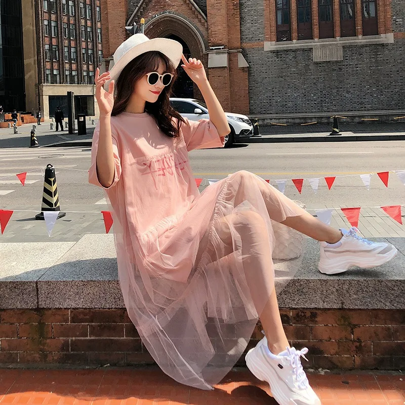 

Photo Shoot CHIC Smell GIRL'S by Age Mid-length Lettered round Neckline T-shirt Gauze Joint Mock Two-Piece A- line Dress
