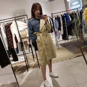 

Celebrity Denim Patchwork Trench Claasic Khaki Turn Down Collar Belt Knee Length windbreaker Casaco Feminino Women Trench Coats