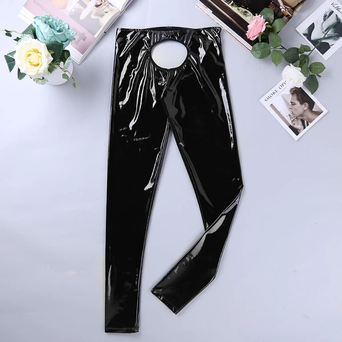 Sexy Gay Fetish Erotic Lingerie Mens Latex Pants Shiny Wetlook Patent Leather Underwear Open Crotch Porno Leggings Tight Trouser
