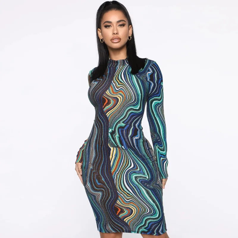 

Women's spring sexy temperament dress boat collar sleeve casual printed pencil