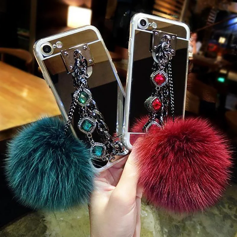 

Note10pro Hair Ball Diamond Chain Mirror Soft TPU Cover For Samsung S10 S8 S9Plus S7 Note8 note9 J4 J6 J8 2018 Makeup phone case