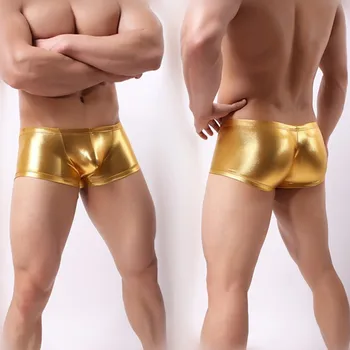 

Sexy Mens Leather Underwear Low Waist Gold Silver Boxers Shorts Erotic Gay Fetish Underpants Pole Dancing Leather Skinny Pants