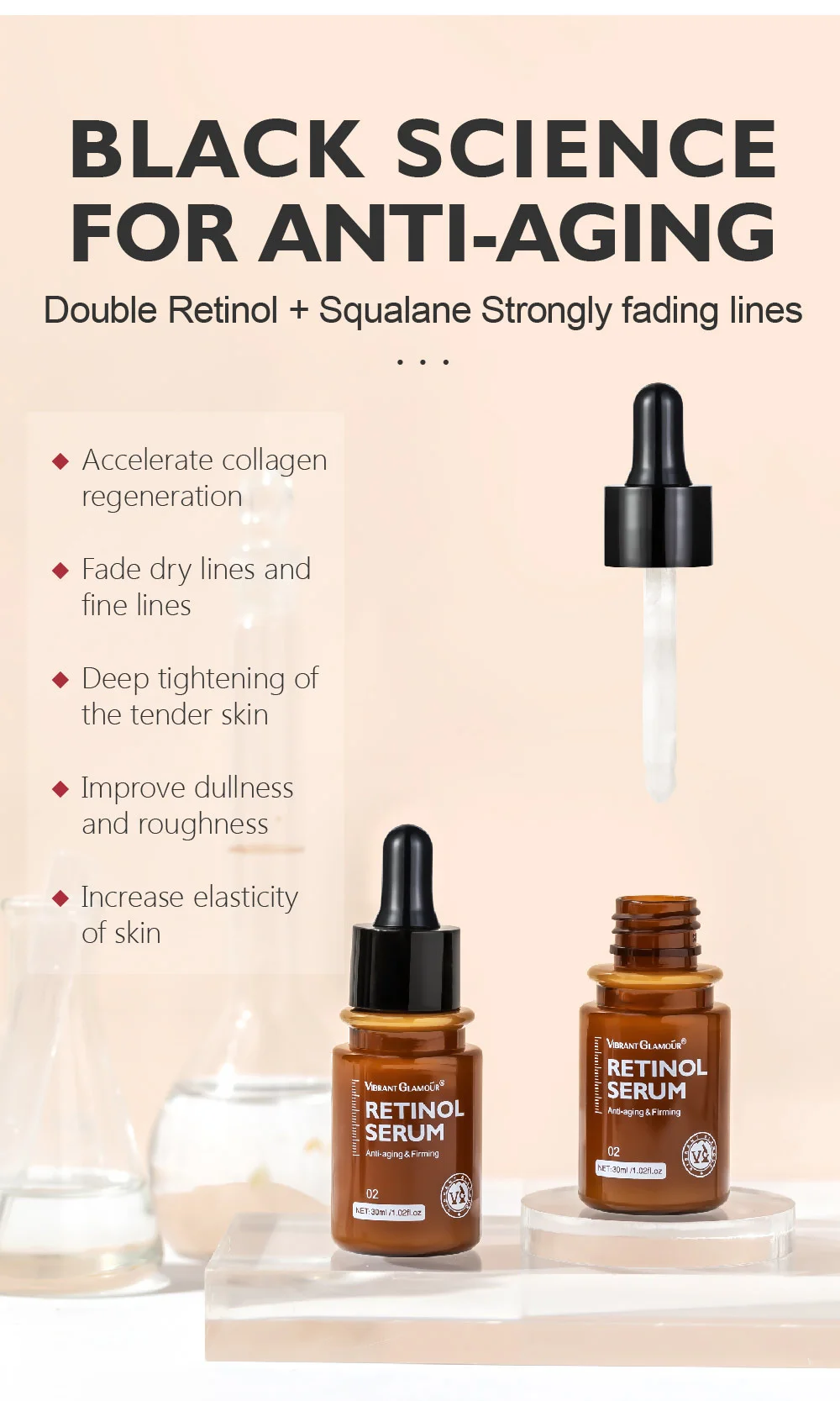 VIBRANT GLAMOUR Retinol Face Serum Moisturizing Whitening Firming Fade Fine Lines Anti-wrinkle Anti-aging Deep Care Essence