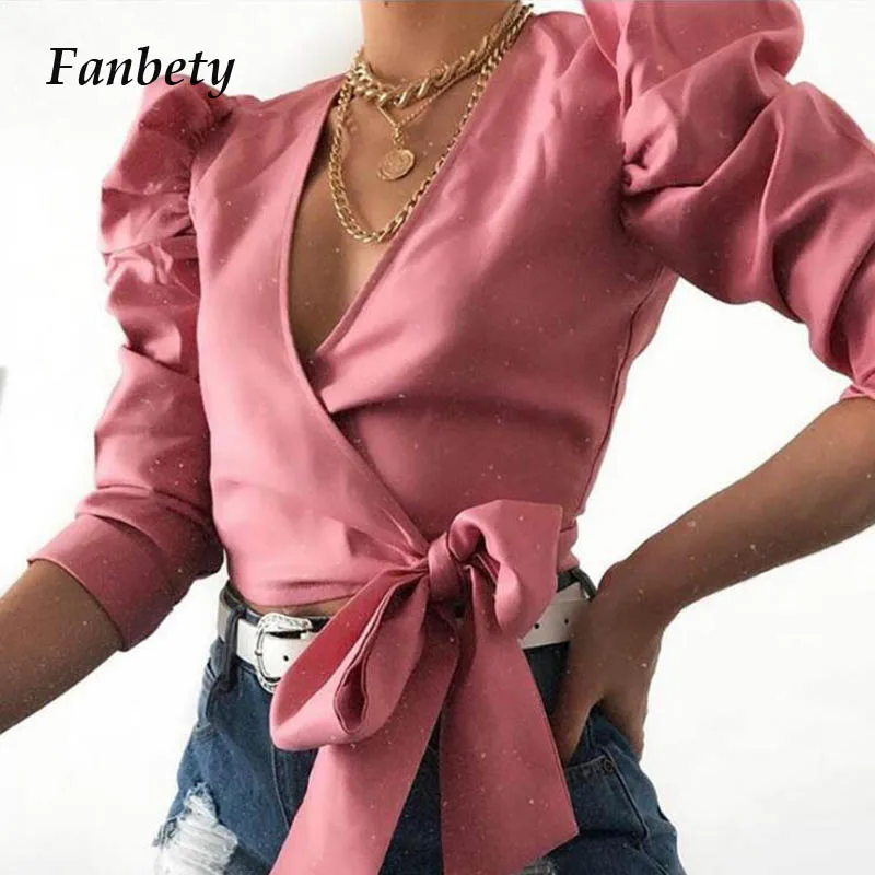 Fanbety 2019 осенняя Сексуальная Блузка с галстуком бабочкой рубашки женские пышные